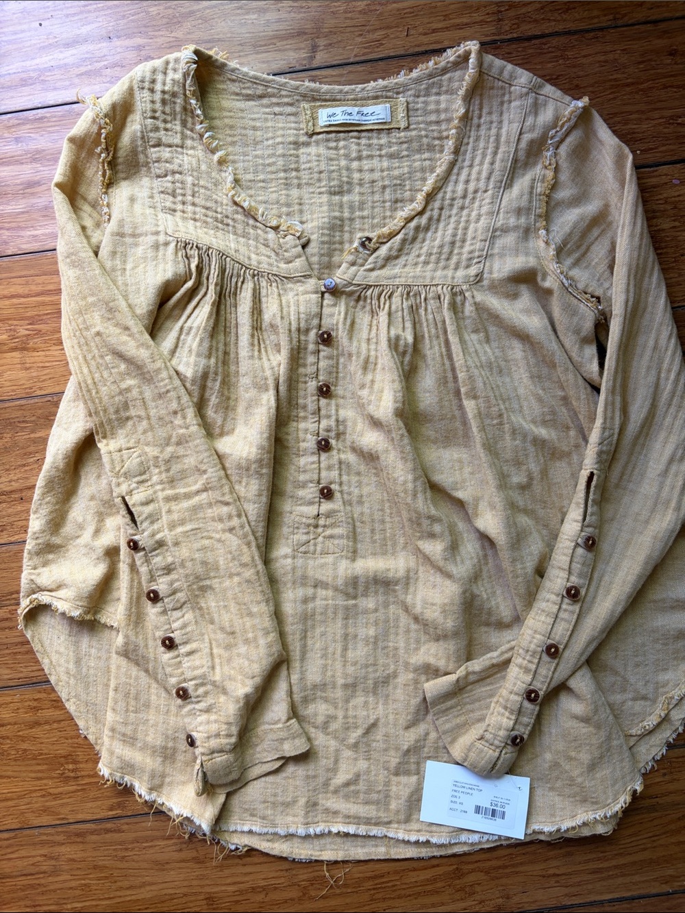 Free People Mustard Button-Front Gauze Long Sleeve Top
